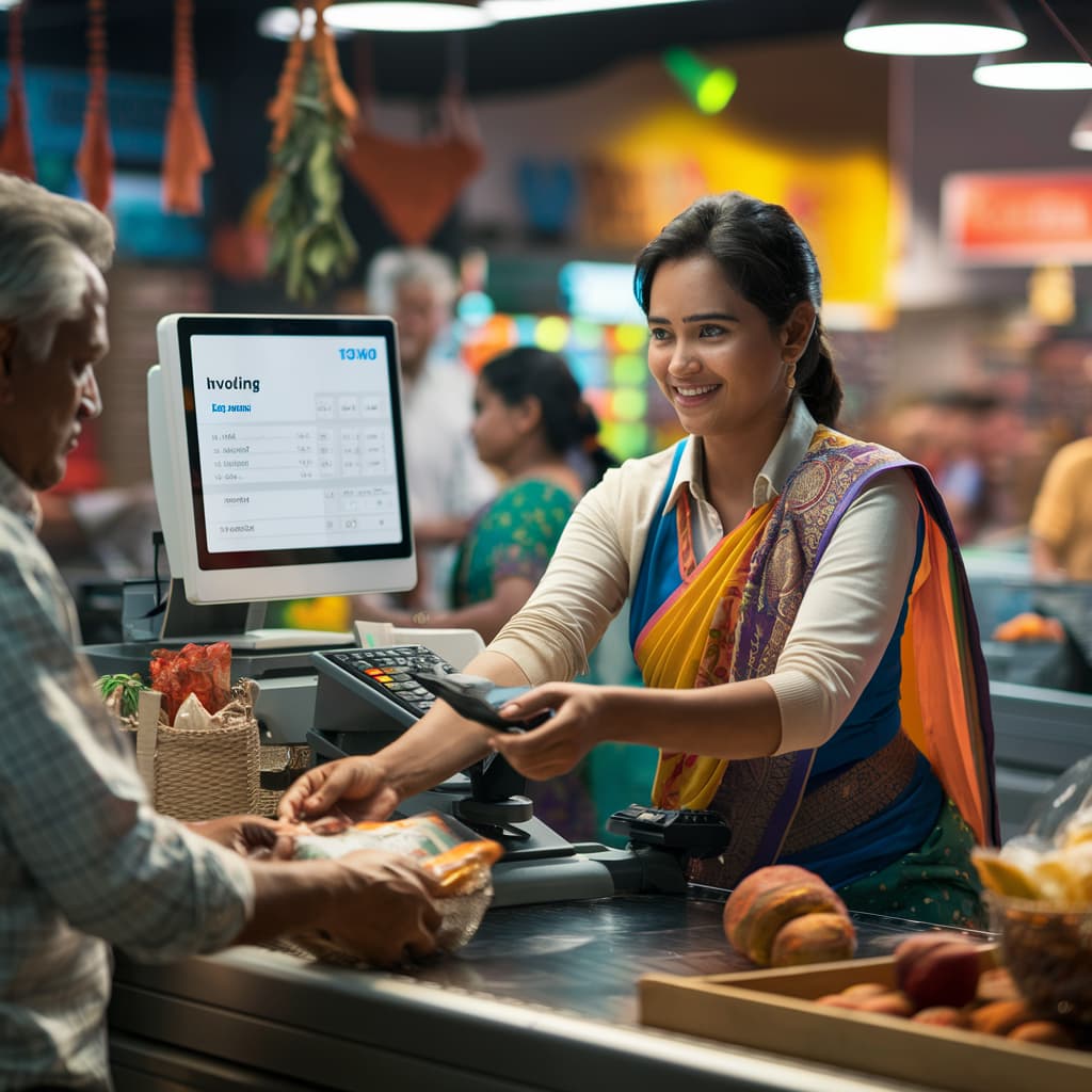 Cashier Handing over goods to customer